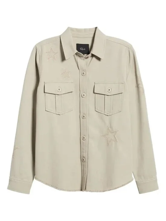 RAILS Loren Star Embroidered Raw Hem Twill Shirt Jacket in Sage - Picture 5 of 5